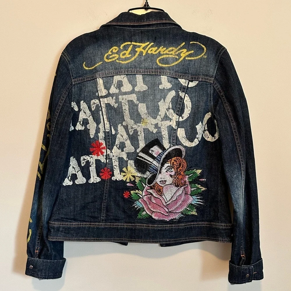 ED HARDY RHINESTONE TATTOO DENIM TRUCKER JACKET | Size Medium | EUC - Picture 6 of 9